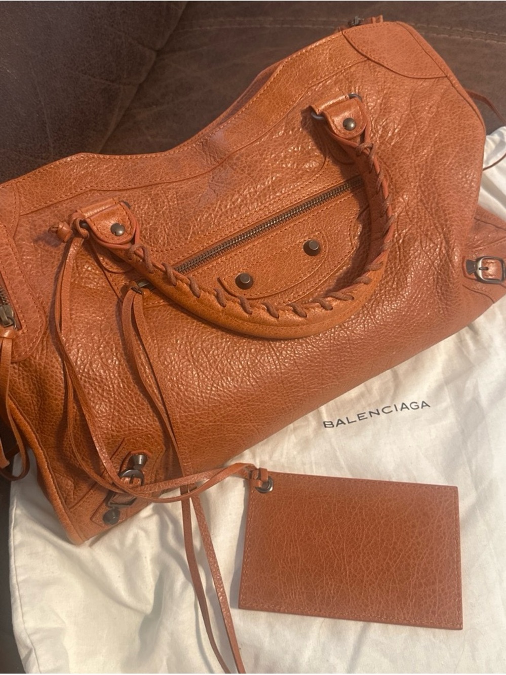 Balenciaga Braided-Handle Leather Shoulder Bag in Cognac Brown